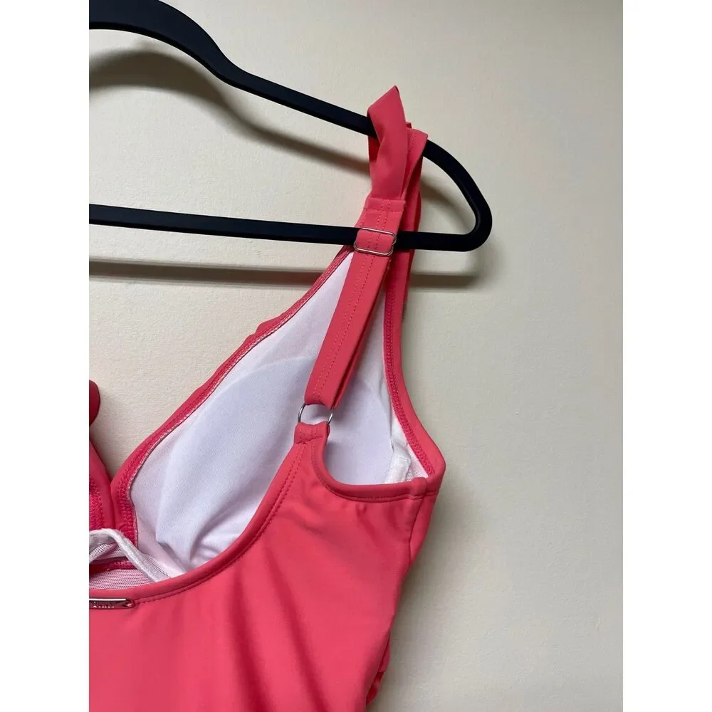 NWT DKNY Pink One-Piece Swimsuit, Ruching, Ruffles, Sz 8 - Picture 3 of 6